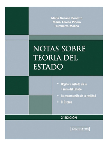 Notas Sobre Teoria Del Estado, De Bonetto Piñero Y S. Editorial Advocatus, Tapa Blanda, Edición 2 En Español, 2014
