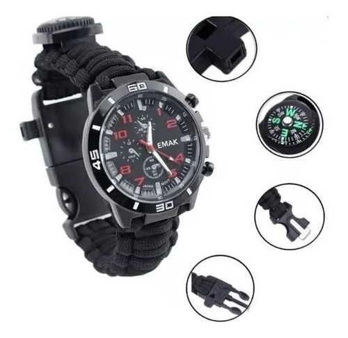 Reloj Watch Camping Supervivencia Silbato Brujula Paracord Color de la malla Negro Color del bisel Negro Color del fondo Negro