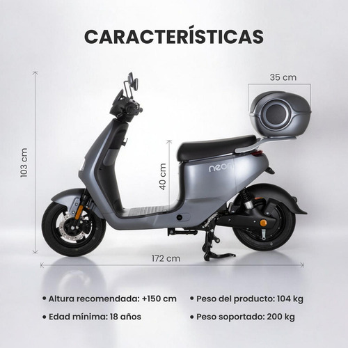 Bicicleta Eléctrica Motobici Neon EBIKE Vel Max 47 Km/h Motor 800w Frenos Disco Tambor Cuadro de Acero Color Gris