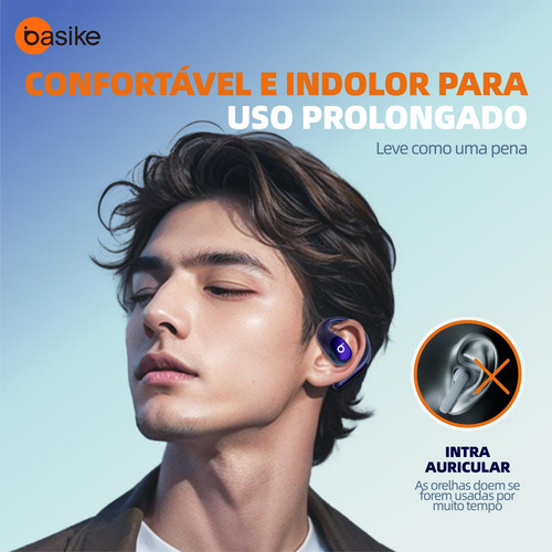 Fone de Ouvido Bluetooth Basike OWS - Bluetooth 5.4, Estéreo HD, 40h de Autonomia (7h Contínuas), Resistente ao Suor, Design Esportivo, Leve 65g, Controle Touch, Corrida e Dia a Dia (Azul Roxo)