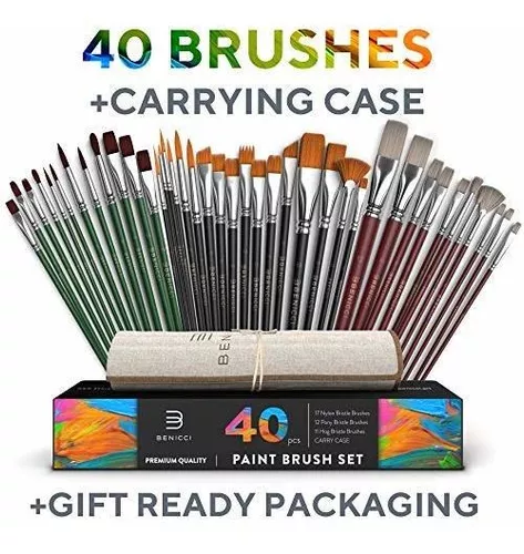 Professional Artist Paint Brush Set of 40 with Storage Case - Includes Round and Flat Art Brushes with Hog, Pony, and Nylon Hair Bristles - Perfect