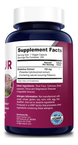 Suplemento De Extracto De Petasita De Nusapure, 100 Mg, 200