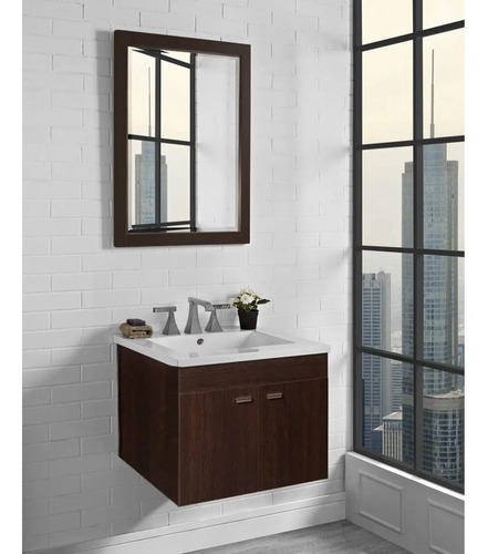 Imagen 2 de 6 de Vanitory Colgante Baño Puerta 62x40 Wengue + Bacha Loza Baño
