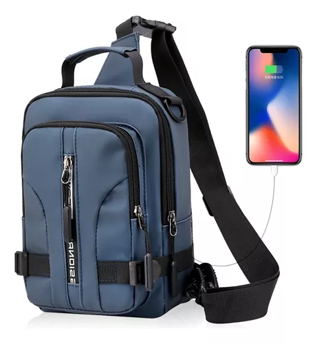 Bolso bandolera de cuero para hombre, impermeable, bandolera en el pecho,  mochila con puerto de carga USB, una bolsa de hombro