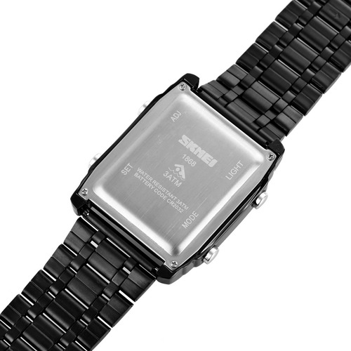 Skmei 1868 Reloj Rectangular Acero Inox Digital Y Manecillas Correa Negro