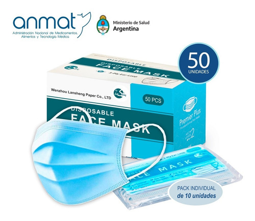 Barbijo Mascarilla Descartable Cn Anmat Clip Nasal Pack X50