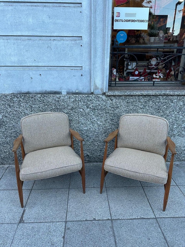 Sillones Escandinavos Nórdicos Antiguos Madera Natural Par Marrón Claro Lino (Usado)