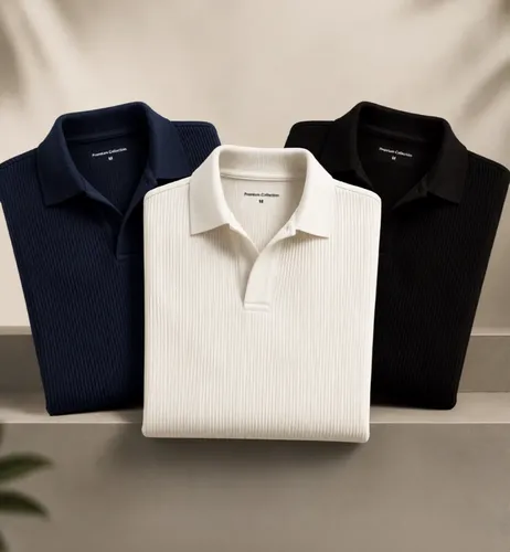 Kit Camisa Polo Masculina Canelada Gola Italiana Sem Botao Kit 3 - Azul Marinho/ Off White / Preto M