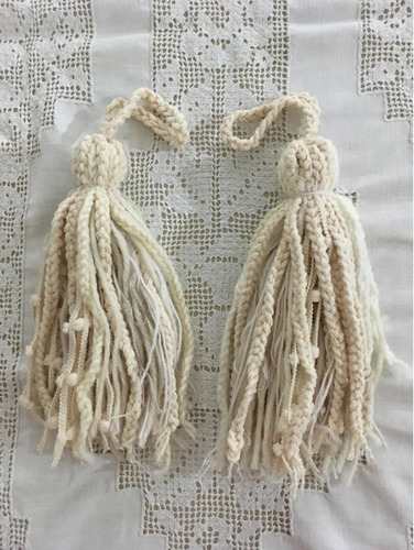 Set 4 Borlas Decorativas Lana Hilo Marfil Beige Trencillas