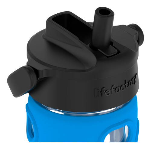 Botella De Agua De Vidrio 354 Ml Tapa Popote Giratorio Azul