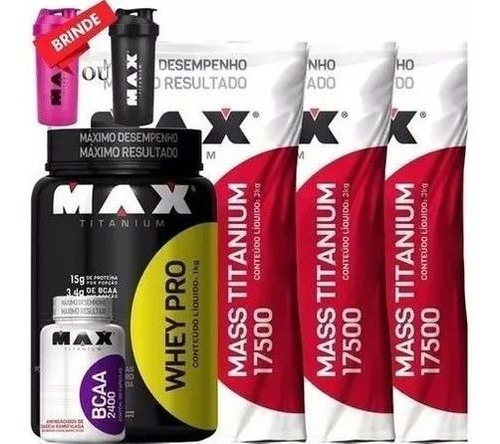 Kit Hiper Massa 9kg Mass 17500 Max + Whey Pro 1kg + Bcaa 