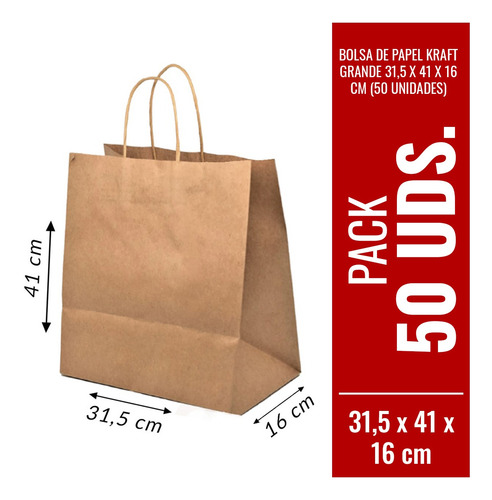Imagen 1 de 10 de Bolsa De Papel Kraft 31,5 X 41 X 16 Cm (50 Unidades)