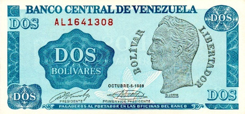 Billete 2 Bolívares  05 De Octubre 1989 Tinoquito Serial Al7