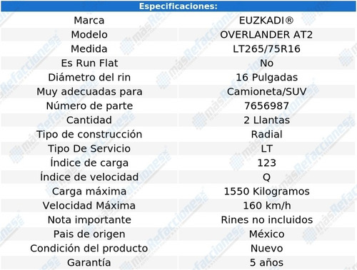 Par De Llantas Lt265/75r16 123q Euzkadi Overlander At2