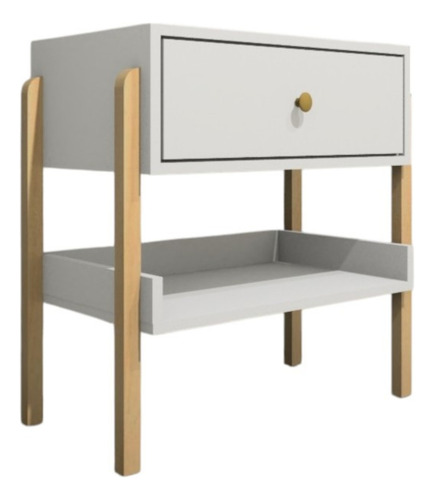 Mesa De Cabeceira Em Mdf Pés Pinus Com 1 Gaveta E Prateleira Acabamento Fosco Cor Branco TX