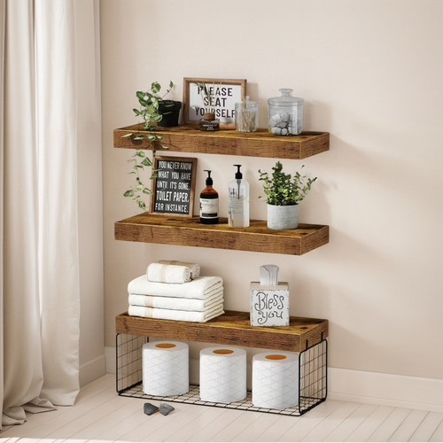 Repisas Flotantes De Madera Modernas Kit X3 Marrón