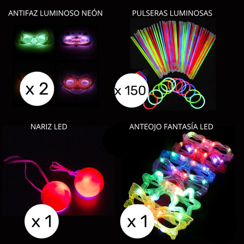 Imagen 4 de 10 de Combo Cotillon Luminoso Led Neon 100 Personas + Labial Fluo
