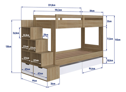 Cama Superpuesta Con Escalera Boxes Y Cajones Beige Cama Superpuesta