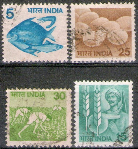 India 4 Sellos Usados Peces = Agricultura = Granja Año 1979