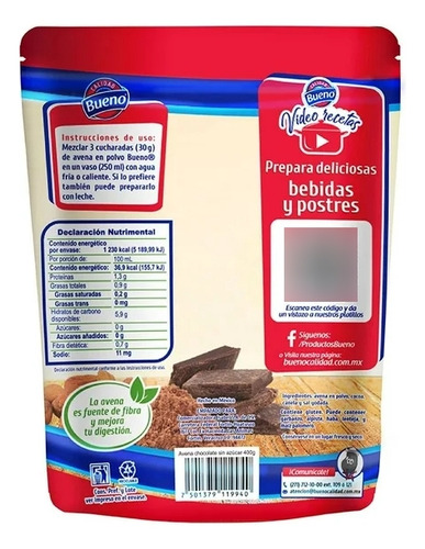 Bueno Avena En Polvo Sabor A Chocolate 400 G