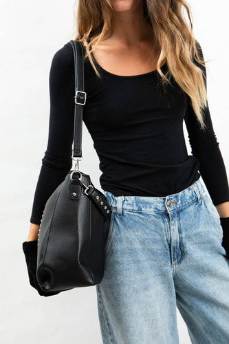 Cartera La Chapelle Con Tachas En Flotter Correas Extraibles Negro Lisa Níquel Negro