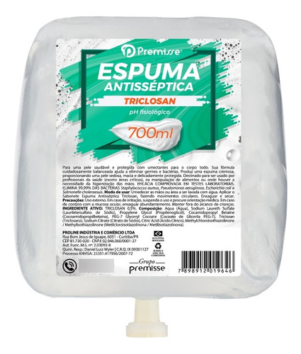 Sabonete Espuma Antisséptico Triclosan Refil 700ml Premisse