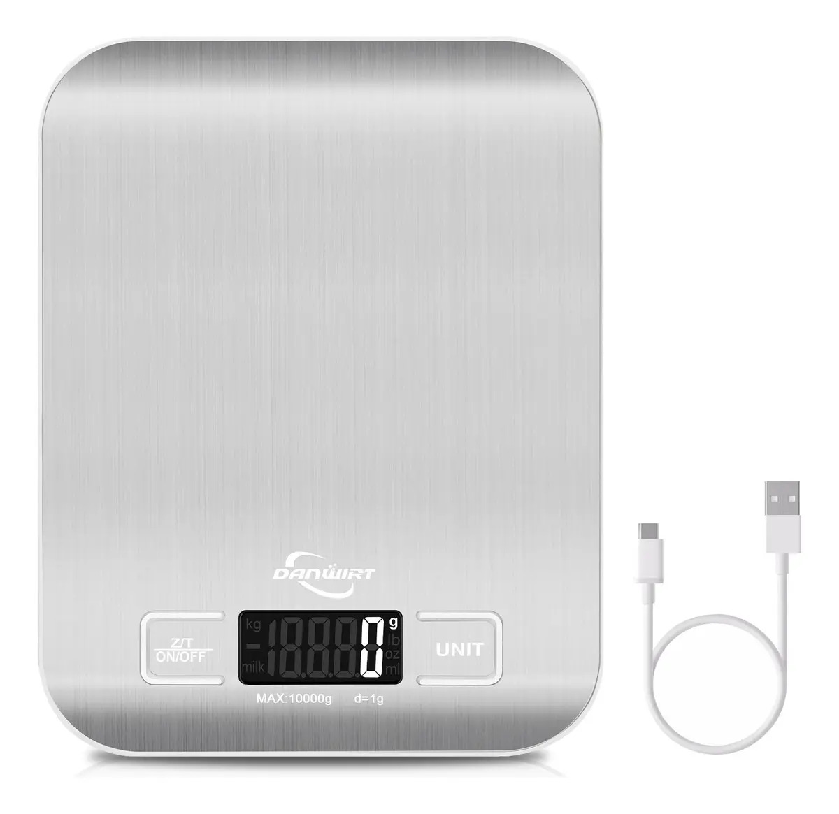 Imagen de Báscula Digital de Cocina DANWIRT DWT1205 con Pantalla LCD, Recargable USB y Función Tara para Repostería de 10 kg