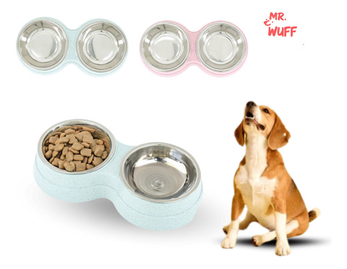 Plato Comedero Doble Para Perro Con Tazones De Acero Inoxidable Mr Wuff Color Azul