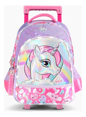 Mochila Carro 18 PuLG Unicornio Footy C/ Luz Led Lentejuelas