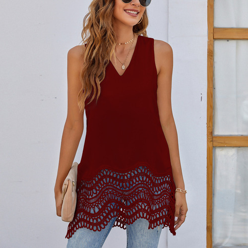 Camisetas Sin Mangas De Encaje Liso Casual Con Cuello En V D