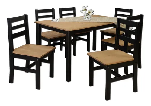 Juego De Comedor 6 Sillas Mesa Madera Maciza Pino Lcm Color Negro/Miel