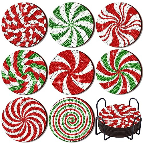 8 Pcs Christmas Diamond Art Coasters Peppermint Candy D...