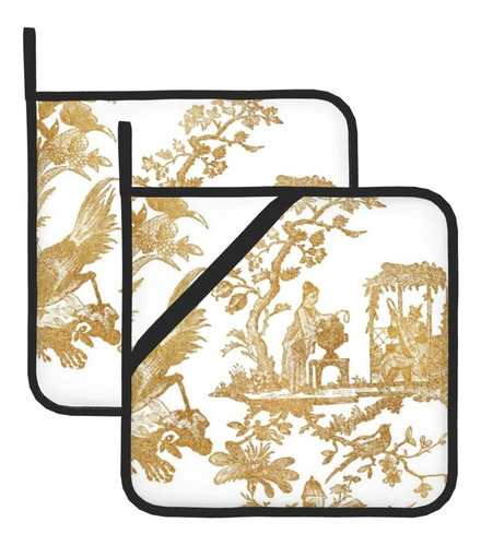 Chinoiserie Toile Dorado Blanco Juego Agarradera Resistente