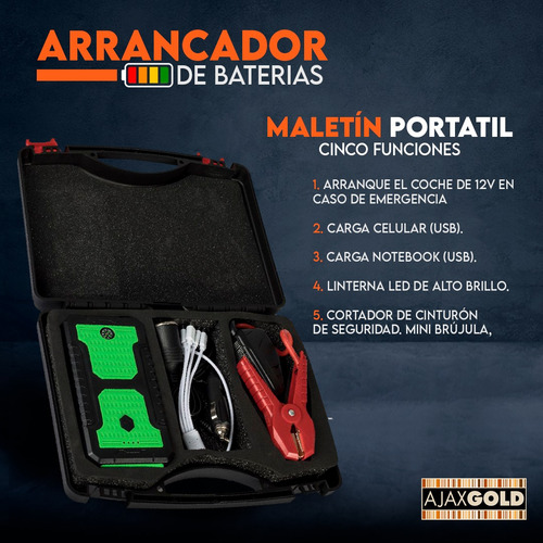 Imagen 6 de 10 de Arrancador Portátil Auto Moto Cargador De Baterías Usb Luz