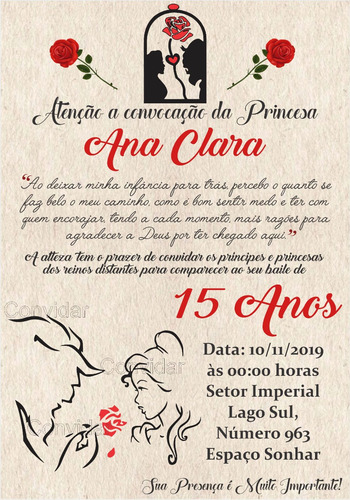 Convite A Bela E A Fera 15 Anos Pergaminho 50 Unidades + Ind
