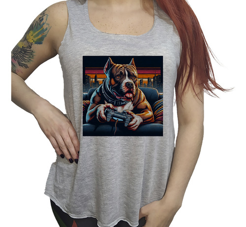 Musculosa Ac Dama Pitbull Concentrado Perro Jugando Juegos