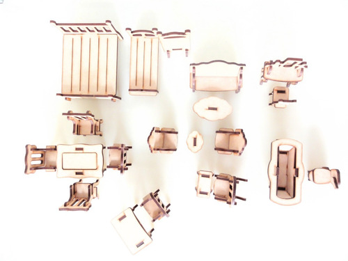 Imagen 1 de 8 de Set Muebles P/casa De Muñecas X 21u - Mdf/fibrofacil