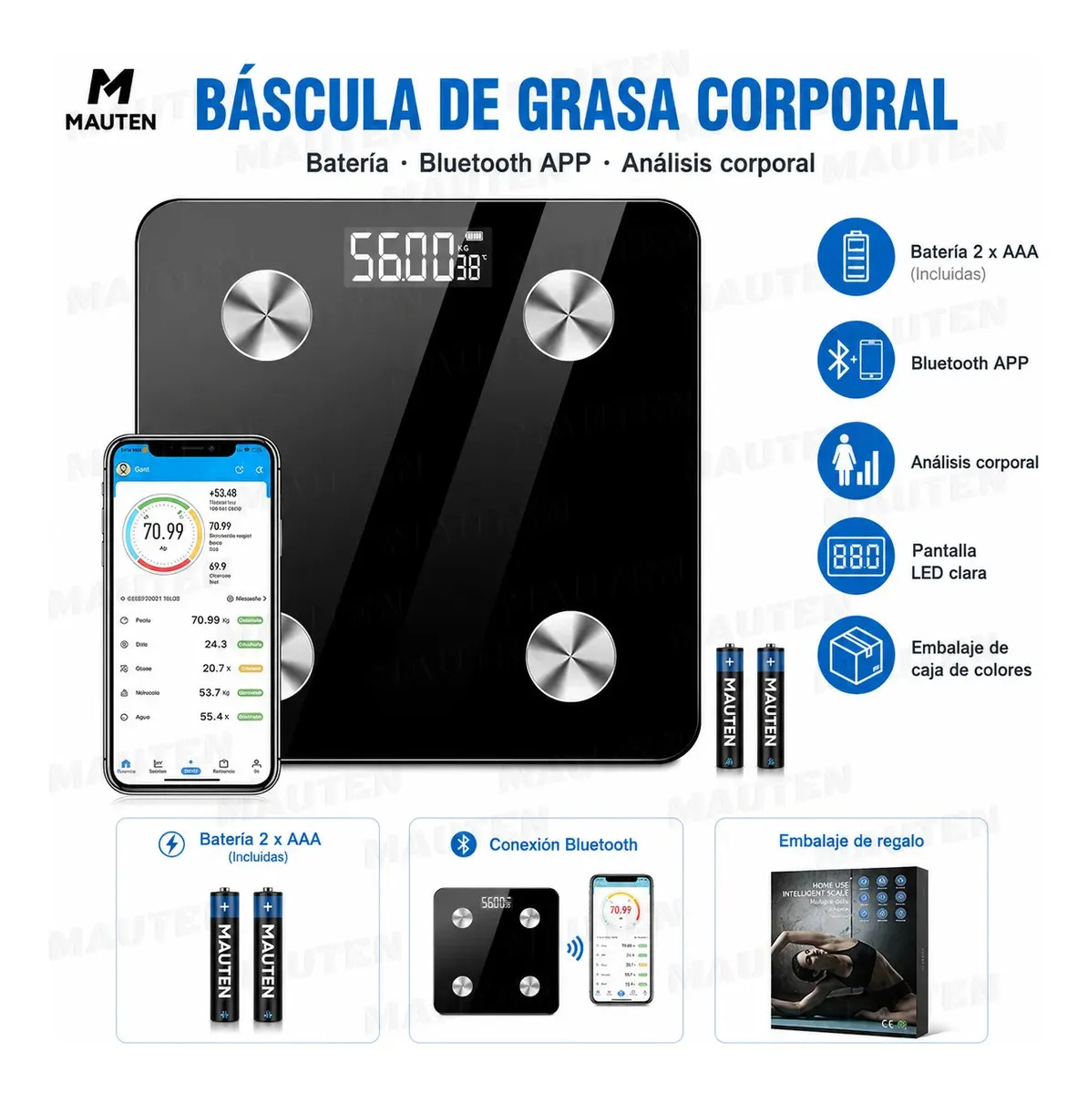 Bascula Digital Corporal MAUTEN Batería Y App 0.1kg~180kg Inteligente Negro