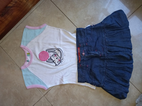 Conjunto De Pollera Azul De Jean Con Remera M/c T: 6 Niña