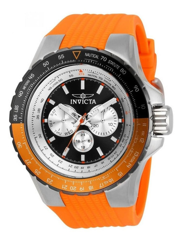 Reloj pulsera Invicta Aviator 33035 de cuerpo color plateado, analógico, para hombre, fondo negro, con correa de silicona color naranja, agujas color plateado y naranja, dial plateado y naranja, subesferas color plateado, minutero/segundero blanco, bisel color naranja y blanco y negro y hebilla simple