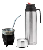 Comprar Set Kit Combo Matero Mate Imperial Negro Guarda Pampa Cuero Virola Acero Inoxidable Premium Con Bombilla Pico Loro + Termo Acero Inoxidable Media Manija Pico Cebador Hermético 1l