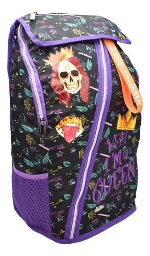 Mochila Platica Polinesia Con Porta Laptop Im The Queen Calavera Estampado Primaria 0392 Atm Color Violeta/negro