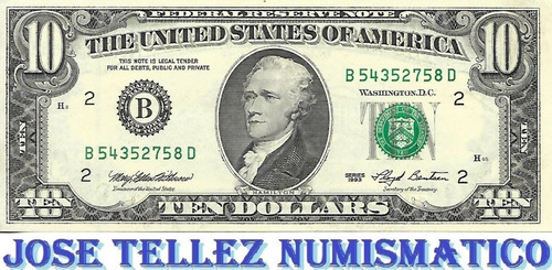 Billete Estados Unido 10 Dolares 1993 Cara Chica Ex+ Palermo (Usado)