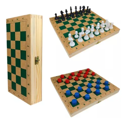 comprar Jogo Xadrez E Damas Com Estojo Em Madeira Padrão Escolar