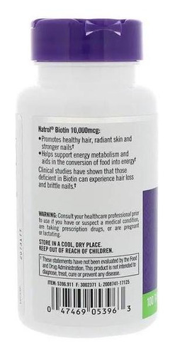 Imagen 3 de 3 de Vitamina Biotin Natrol 10,000 Mcg 100 Unidades