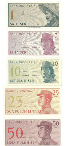 Indonesia: Lote 5 Billetes 1964 ¡sin Circular!