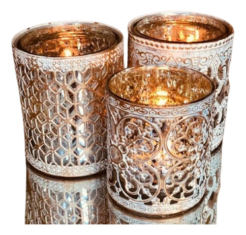 Set X3 Fanales Porta Velas Vasos Dorado Y Blanco