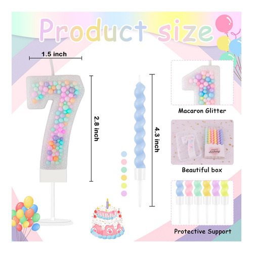Rainbow Número 7 Vela De Cumpleaños 3d Macaron Glitter 7 De