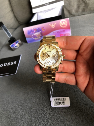 Relogio Guess W0774l5 Dourado Strass Original Completo Caixa
