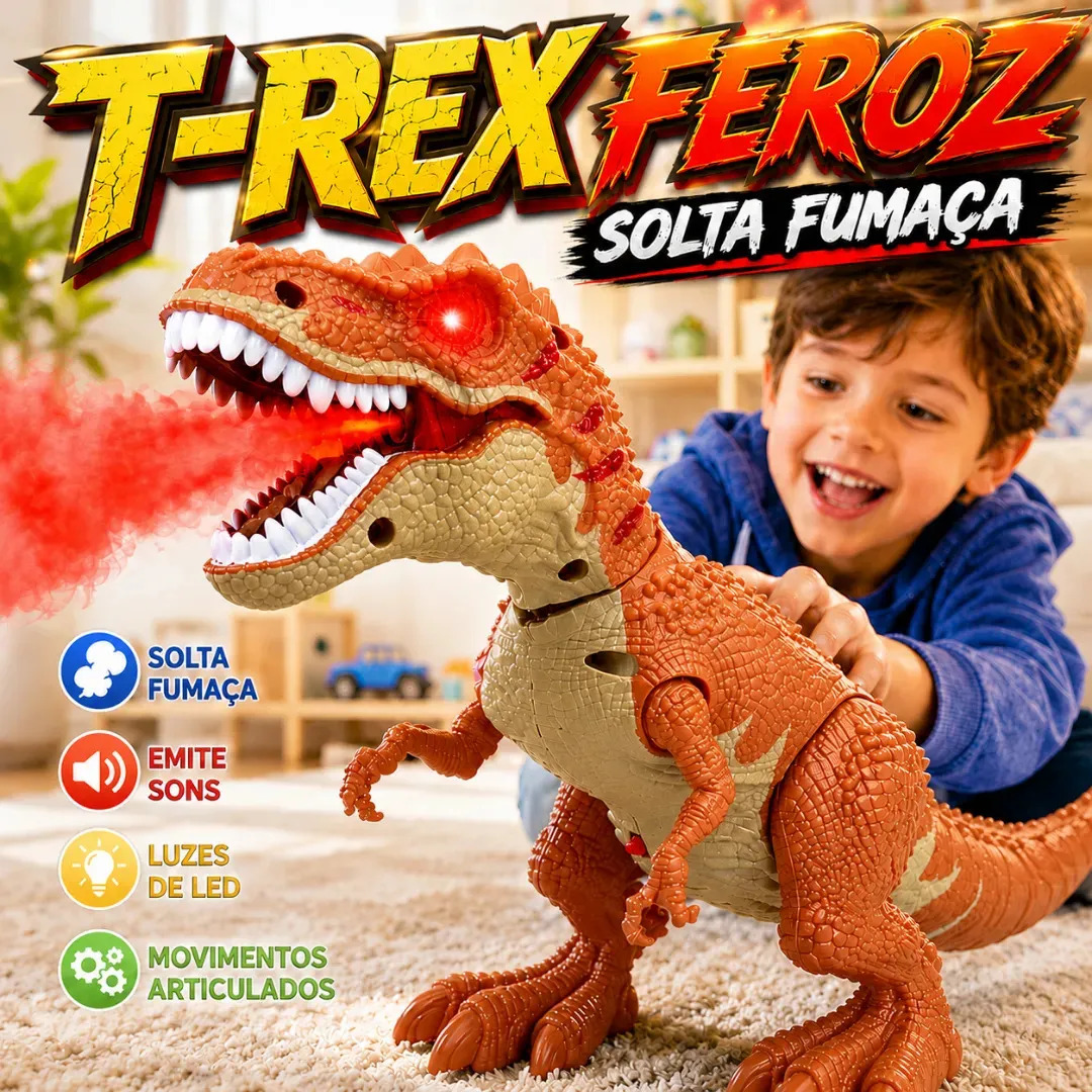 Dinossauro T-Rex Robo Brinquedo Anda Solta Fumaça Sons Luzes Led Rugido Movimentos Articulados Infantil Tiranossauro Interativo Educativo Presente Criança Menino Divertido Laranja 